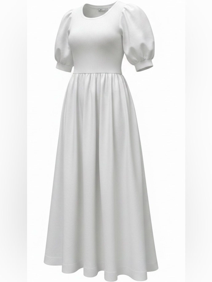 Zara Off-White Puff Sleeve Midi Dress Stretch Bodice M Romantic Cottagecore Med